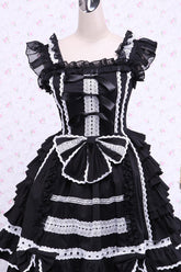 Black/White Cap Sleeves Ruffled Bowknot Lace Trim Gothic Lolita Dress
